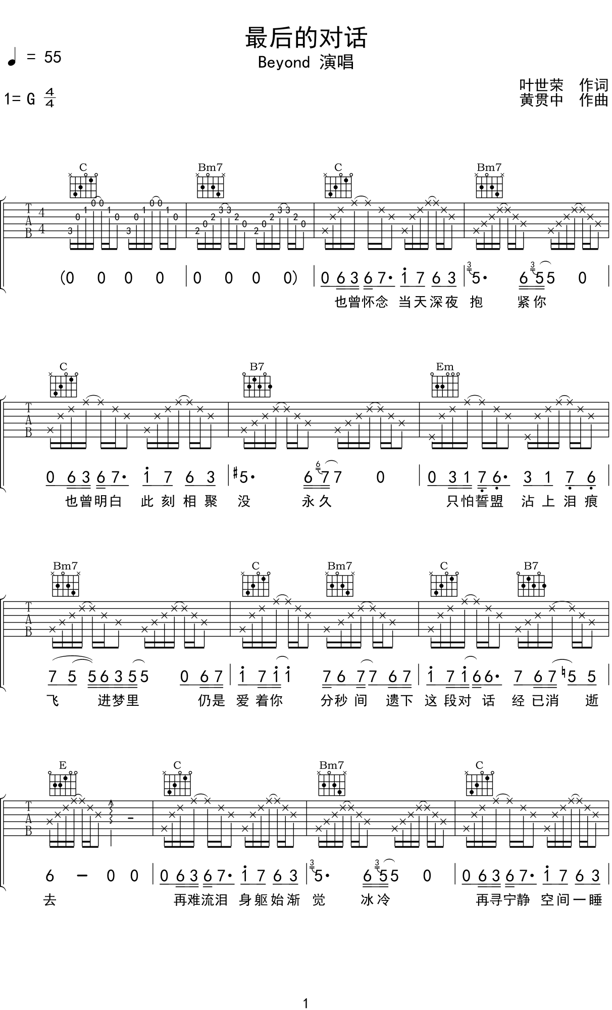 Beyond 《最后的對話》吉他譜G調(diào)吉他彈唱譜